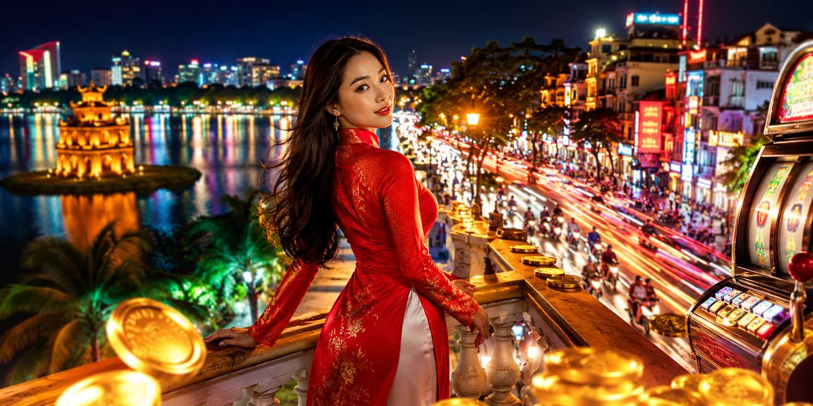 Người chơi Hà Nội trong trang phục áo dài trải nghiệm Slots trực tuyến trên điện thoại